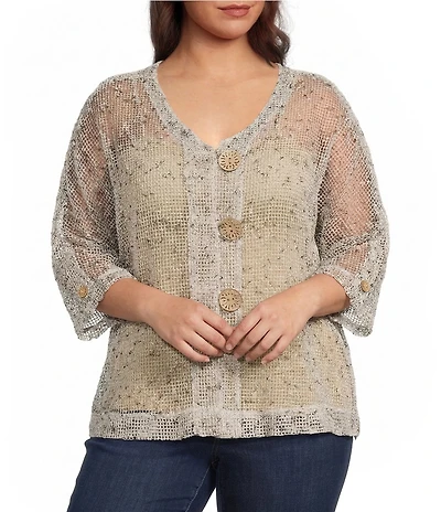 Ali Miles Plus Size Woven Mesh Speckled V-Neck Elbow Length Sleeve Button Front Jacket