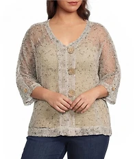 Ali Miles Plus Size Woven Mesh Speckled V-Neck Elbow Length Sleeve Button Front Jacket
