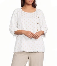Ali Miles Plus Size Woven Multi Dot Round Neck Short Sleeve Frayed Hem Tunic