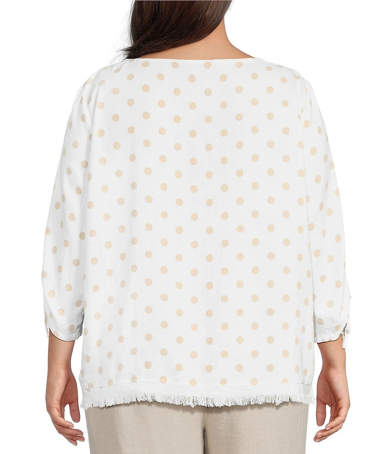 Ali Miles Plus Size Woven Multi Dot Round Neck Short Sleeve Frayed Hem Tunic
