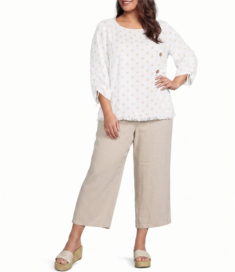 Ali Miles Plus Size Woven Multi Dot Round Neck Short Sleeve Frayed Hem Tunic