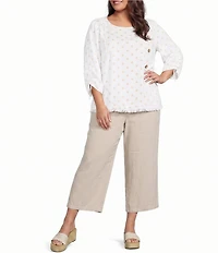 Ali Miles Plus Size Woven Multi Dot Round Neck Short Sleeve Frayed Hem Tunic