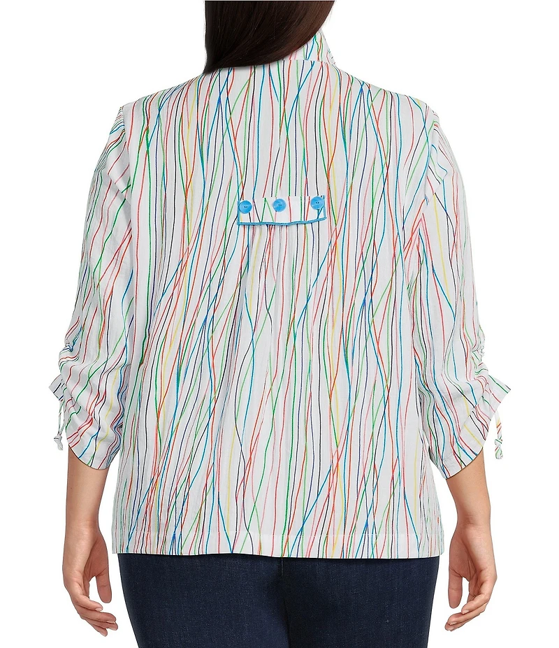 Ali Miles Plus Size Woven Multi Stripe Point Collar 3/4 Cinched Tie Sleeve Button Front Tunic