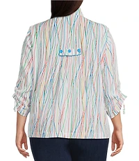 Ali Miles Plus Size Woven Multi Stripe Point Collar 3/4 Cinched Tie Sleeve Button Front Tunic