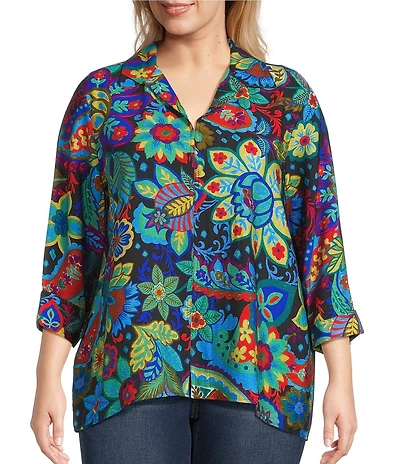 Ali Miles Plus Size Woven Paisley Floral Multi Print Collared V-Neck 3/4 Sleeve Tunic