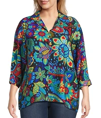 Ali Miles Plus Size Woven Paisley Floral Multi Print Collared V-Neck 3/4 Sleeve Tunic