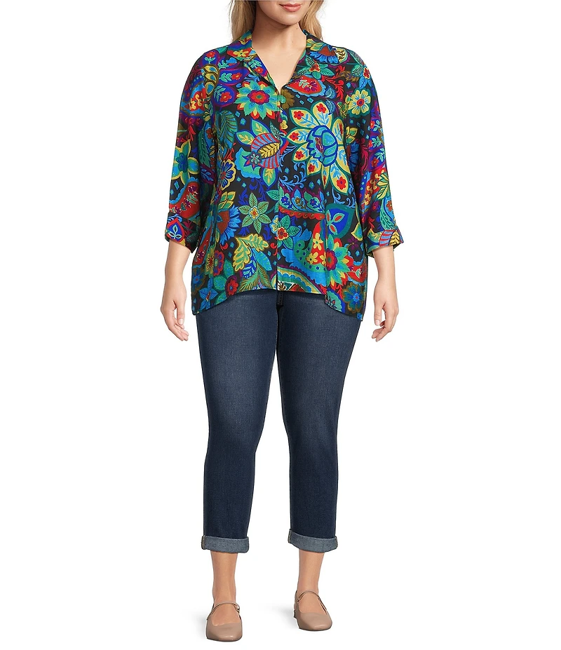 Ali Miles Plus Size Woven Paisley Floral Multi Print Collared V-Neck 3/4 Sleeve Tunic