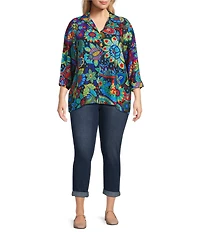 Ali Miles Plus Size Woven Paisley Floral Multi Print Collared V-Neck 3/4 Sleeve Tunic