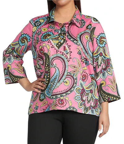 Ali Miles Plus Size Woven Paisley Mulit Print Point Collar 3/4 Cuff Sleeve Tunic