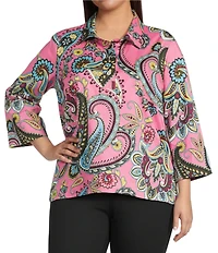 Ali Miles Plus Size Woven Paisley Mulit Print Point Collar 3/4 Cuff Sleeve Tunic