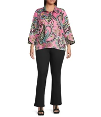 Ali Miles Plus Size Woven Paisley Mulit Print Point Collar 3/4 Cuff Sleeve Tunic