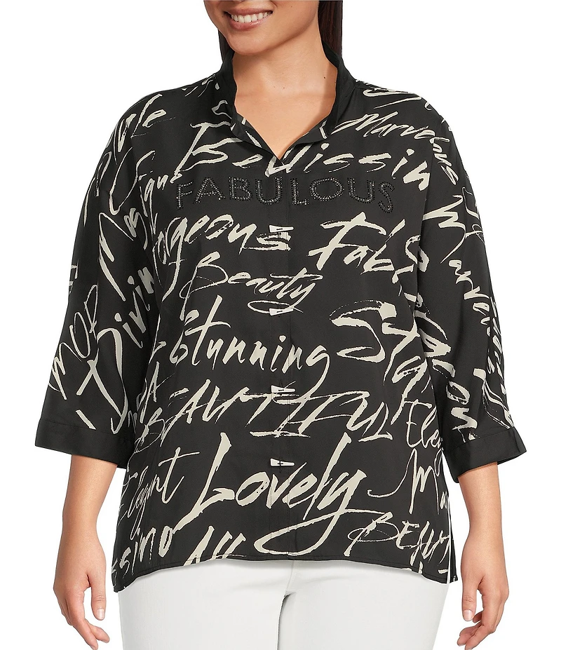 Ali Miles Plus Size Woven Printed Wire Collar 3/4 Roll-Tab Sleeve Button Front Tunic