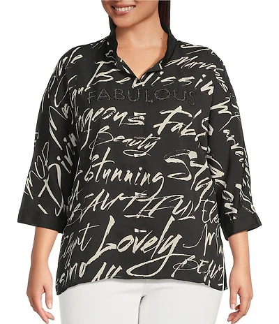 Ali Miles Plus Size Woven Printed Wire Collar 3/4 Roll-Tab Sleeve Button Front Tunic