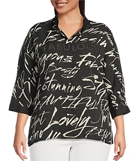 Ali Miles Plus Size Woven Printed Wire Collar 3/4 Roll-Tab Sleeve Button Front Tunic