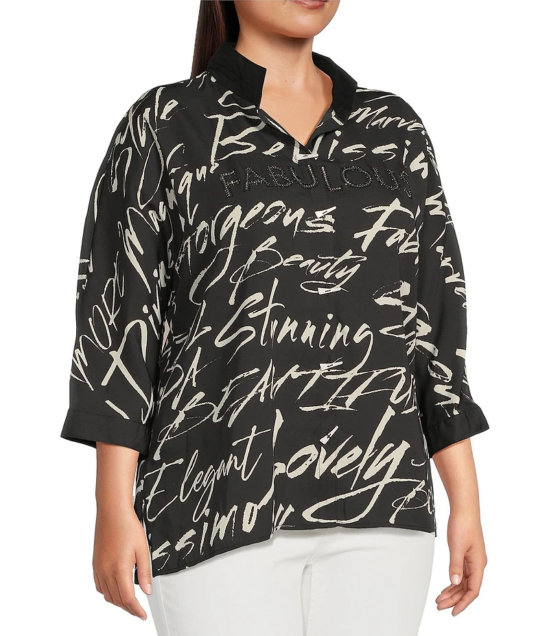 Ali Miles Plus Size Woven Printed Wire Collar 3/4 Roll-Tab Sleeve Button Front Tunic