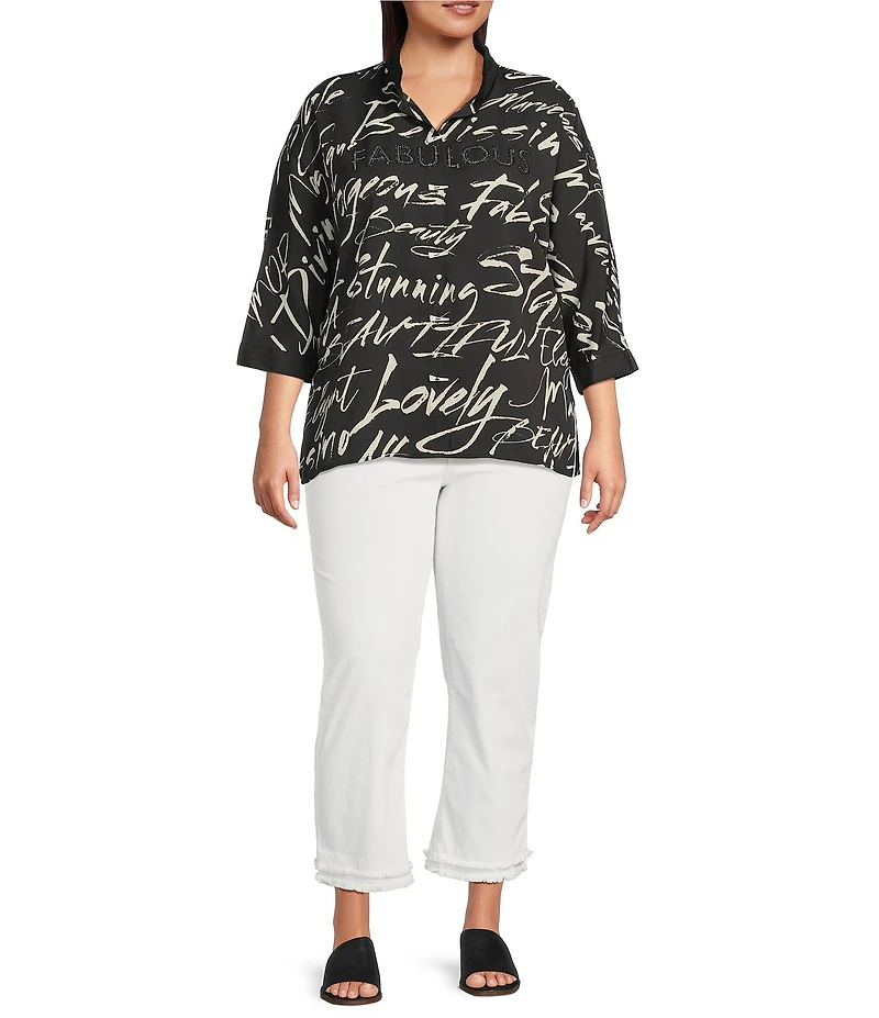 Ali Miles Plus Size Woven Printed Wire Collar 3/4 Roll-Tab Sleeve Button Front Tunic