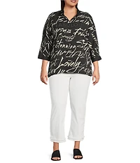 Ali Miles Plus Size Woven Printed Wire Collar 3/4 Roll-Tab Sleeve Button Front Tunic