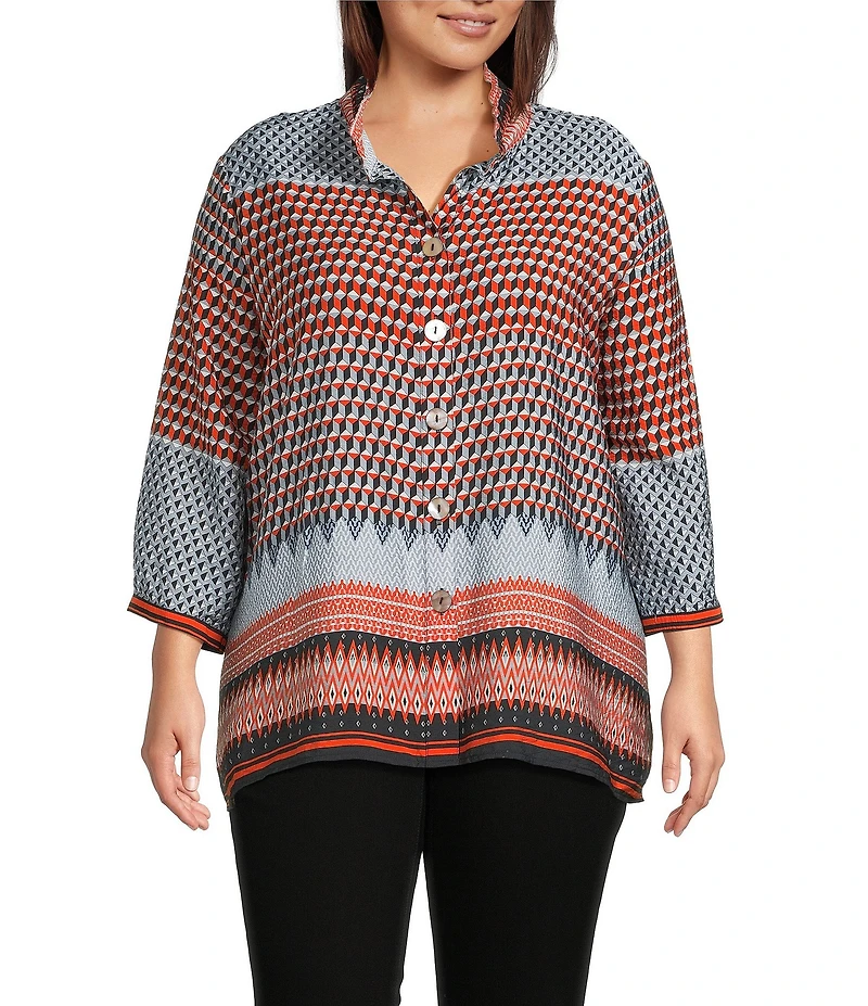 Ali Miles Plus Size Woven Printed Wire Collar 3/4 Cuff Sleeve Hi-Low Hem Button Front Tunic