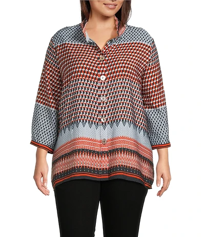 Ali Miles Plus Size Woven Printed Wire Collar 3/4 Cuff Sleeve Hi-Low Hem Button Front Tunic