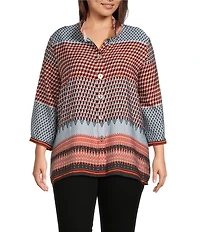 Ali Miles Plus Size Woven Printed Wire Collar 3/4 Cuff Sleeve Hi-Low Hem Button Front Tunic