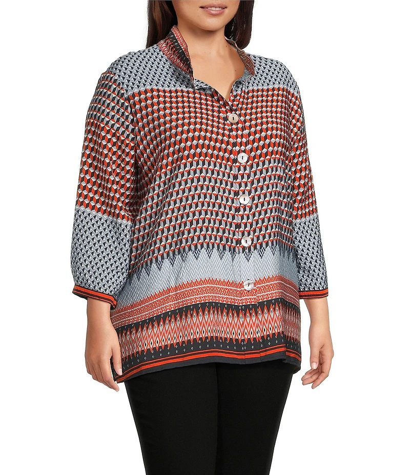 Ali Miles Plus Size Woven Printed Wire Collar 3/4 Cuff Sleeve Hi-Low Hem Button Front Tunic