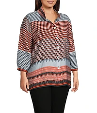 Ali Miles Plus Size Woven Printed Wire Collar 3/4 Cuff Sleeve Hi-Low Hem Button Front Tunic