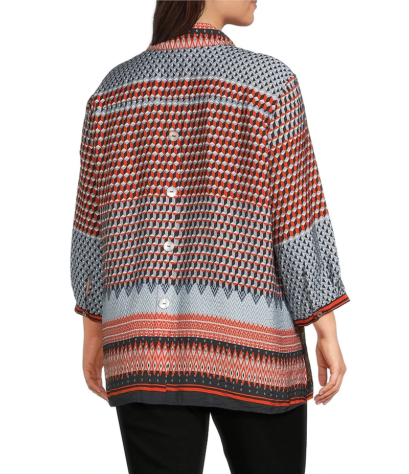 Ali Miles Plus Size Woven Printed Wire Collar 3/4 Cuff Sleeve Hi-Low Hem Button Front Tunic