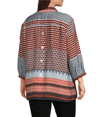 Ali Miles Plus Size Woven Printed Wire Collar 3/4 Cuff Sleeve Hi-Low Hem Button Front Tunic