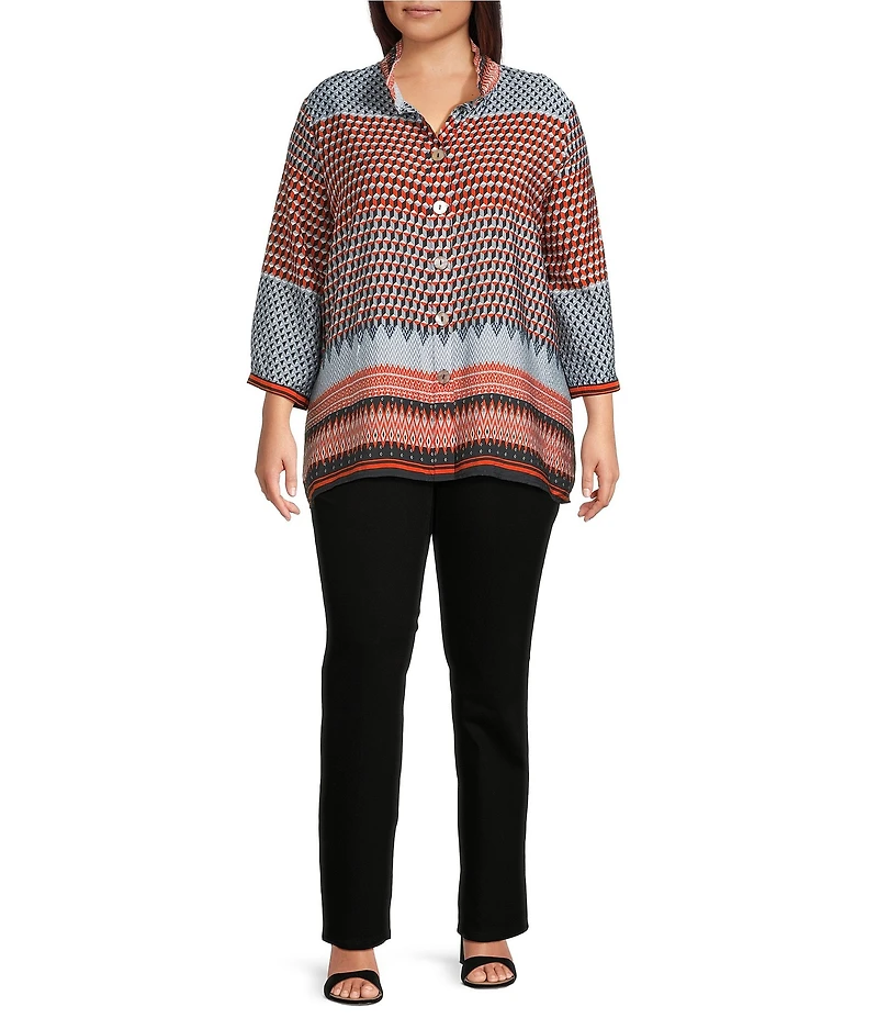 Ali Miles Plus Size Woven Printed Wire Collar 3/4 Cuff Sleeve Hi-Low Hem Button Front Tunic