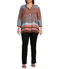 Ali Miles Plus Size Woven Printed Wire Collar 3/4 Cuff Sleeve Hi-Low Hem Button Front Tunic