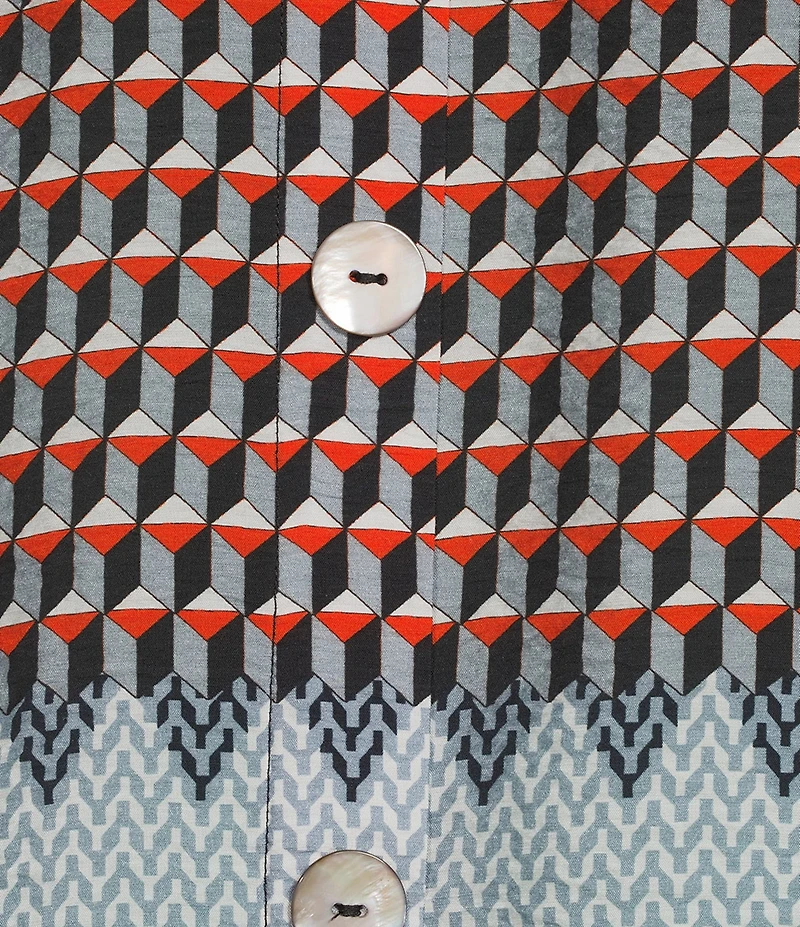 Ali Miles Plus Size Woven Printed Wire Collar 3/4 Cuff Sleeve Hi-Low Hem Button Front Tunic