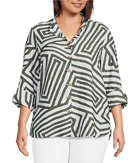 Ali Miles Plus Size Woven Printed Wire Collar 3/4 Sleeve Hi-Low Hem Button Front Tunic