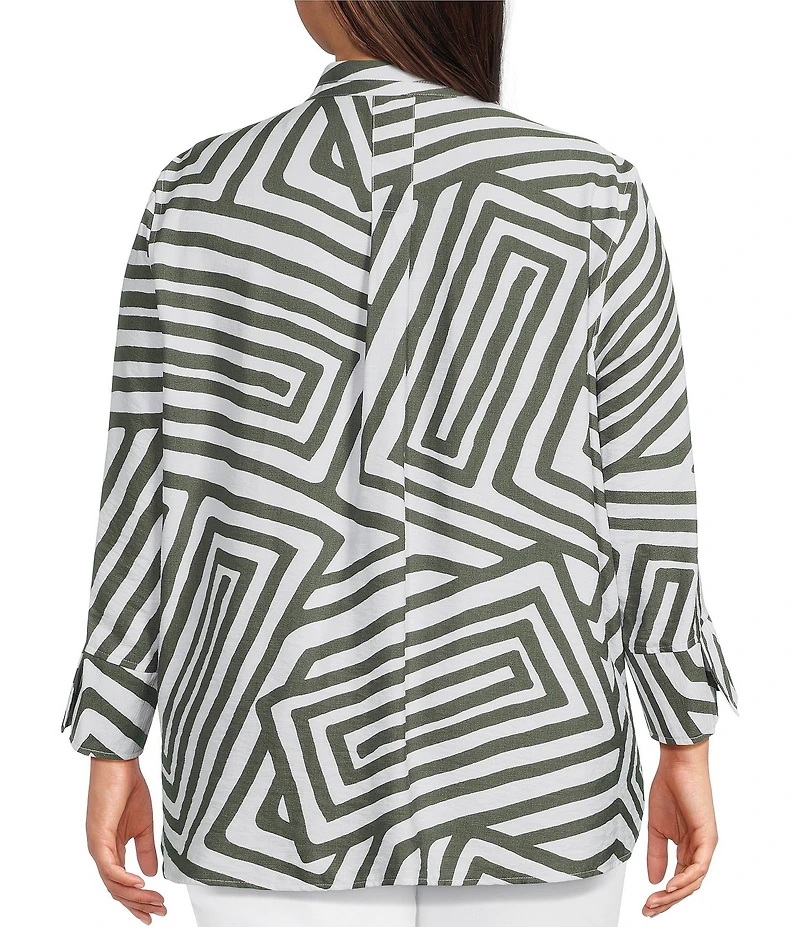 Ali Miles Plus Size Woven Printed Wire Collar 3/4 Sleeve Hi-Low Hem Button Front Tunic