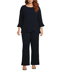 Ali Miles Plus Size Woven Round Neck 3/4 Sleeve Button Detail Hem Top