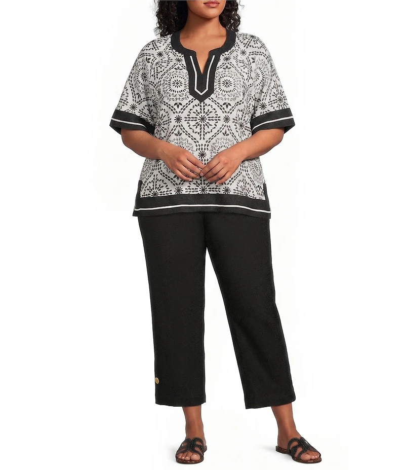 Ali Miles Plus Size Woven Side-Button Detail Hem PUll-On Ankle Pants