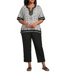 Ali Miles Plus Size Woven Side-Button Detail Hem PUll-On Ankle Pants