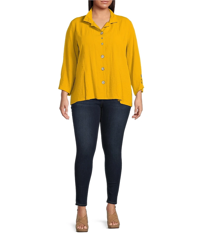 Ali Miles Plus Size Woven Solid Wire Collar 3/4 Sleeve Pleated Hem Button Front Tunic