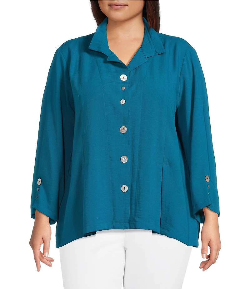 Ali Miles Plus Size Woven Solid Wire Collar 3/4 Sleeve Pleated Hem Button Front Tunic
