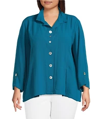 Ali Miles Plus Size Woven Solid Wire Collar 3/4 Sleeve Pleated Hem Button Front Tunic
