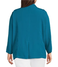 Ali Miles Plus Size Woven Solid Wire Collar 3/4 Sleeve Pleated Hem Button Front Tunic