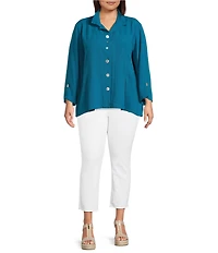 Ali Miles Plus Size Woven Solid Wire Collar 3/4 Sleeve Pleated Hem Button Front Tunic