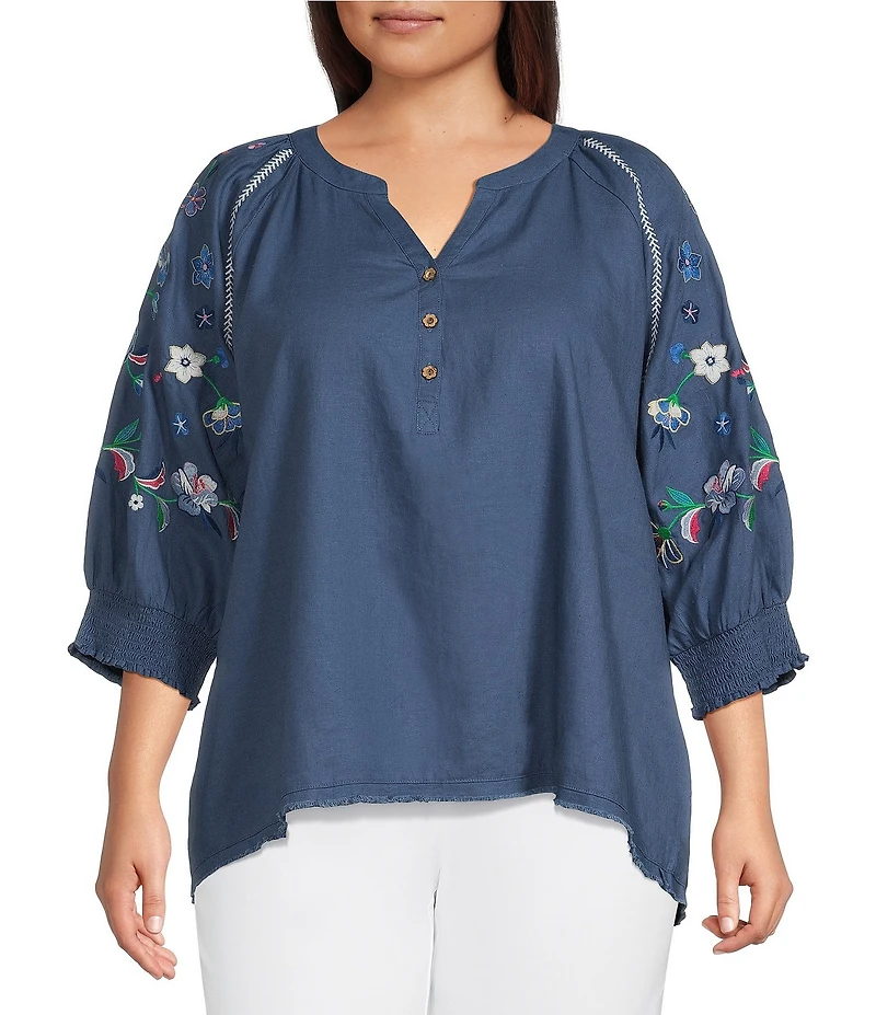 Ali Miles Plus Size Woven Split V-Neck 3/4 Floral Embroidery Sleeve Top