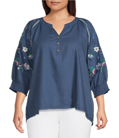 Ali Miles Plus Size Woven Split V-Neck 3/4 Floral Embroidery Sleeve Top