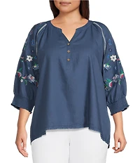 Ali Miles Plus Size Woven Split V-Neck 3/4 Floral Embroidery Sleeve Top