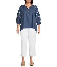 Ali Miles Plus Size Woven Split V-Neck 3/4 Floral Embroidery Sleeve Top