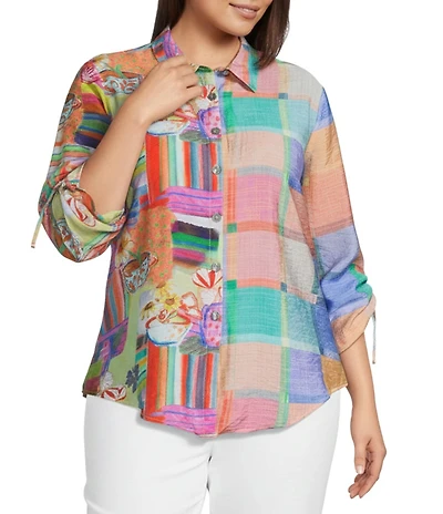 Ali Miles Plus Size Woven Square Multi Print Point Collar 3/4 Sleeve Tie-Front Hem Tunic