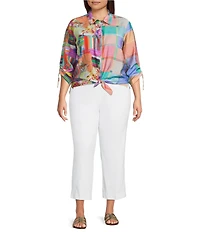 Ali Miles Plus Size Woven Square Multi Print Point Collar 3/4 Sleeve Tie-Front Hem Tunic