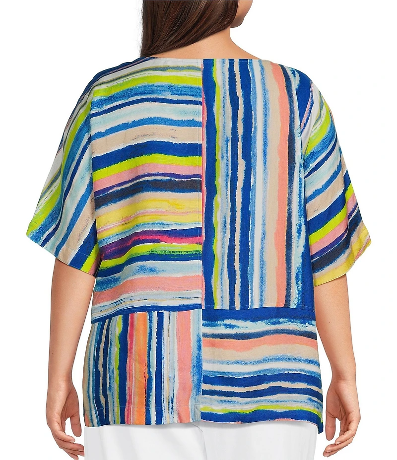 Ali Miles Plus Size Woven Stripe Round Neck Short Dolman Sleeve Tunic