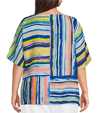Ali Miles Plus Size Woven Stripe Round Neck Short Dolman Sleeve Tunic