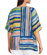 Ali Miles Plus Size Woven Stripe Round Neck Short Dolman Sleeve Tunic